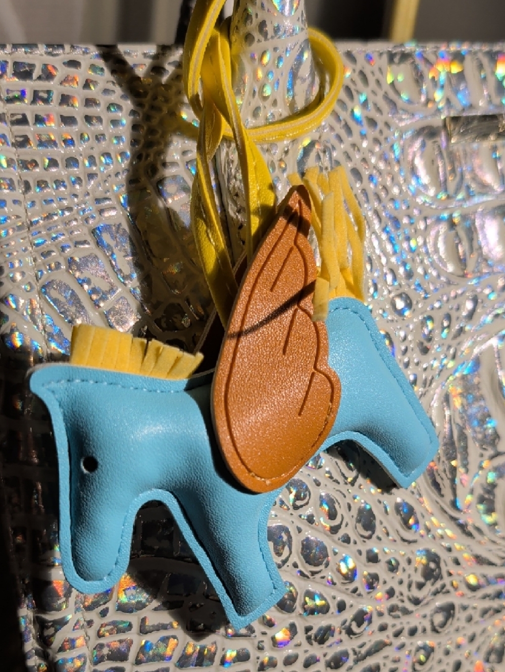 Winged Horse Bag Charm with Tan Wing and Yellow Details